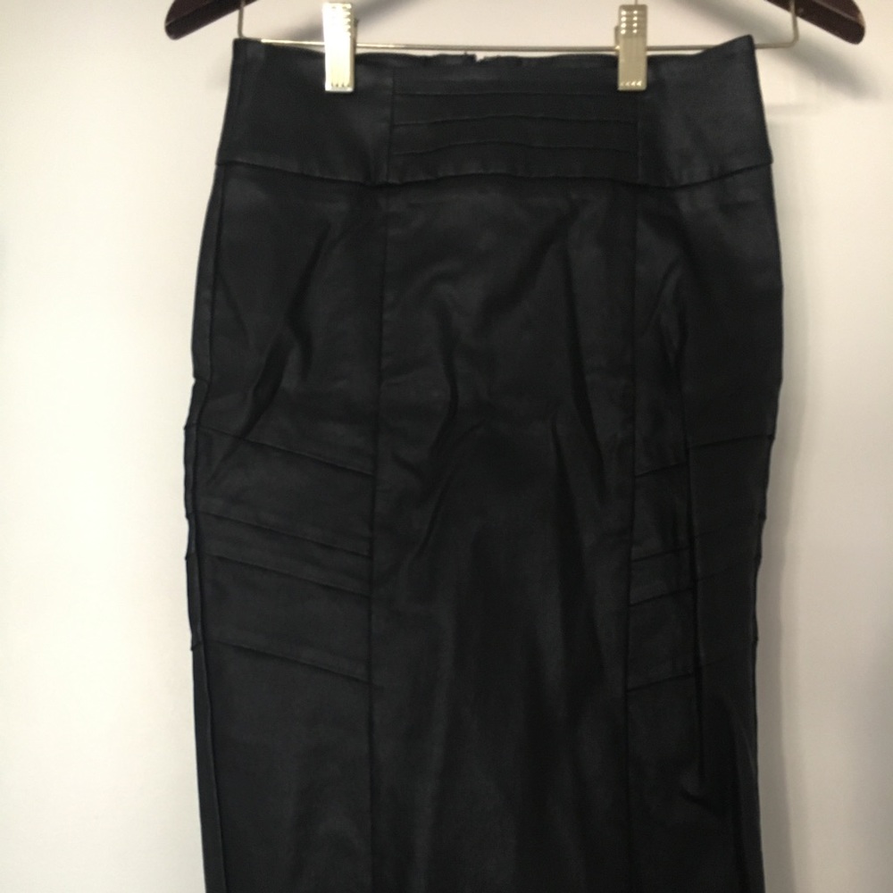 Black faux leather midi pencil skirt